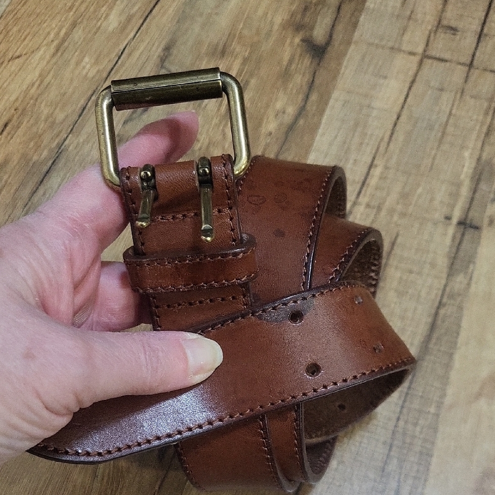 BROOKS BROTHERS Brown Speckled Leather Double Prong Belt